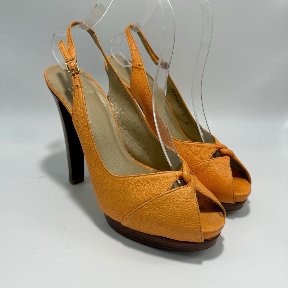 Stuart Weitzman Platform Slingback Peep Toe Wooden Heel Orange Leather Shoes 8M